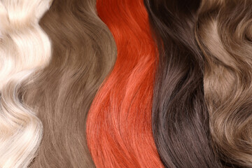 Fototapeta premium Strands of different hair as background, top view
