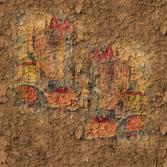 Seamless pattern with graphic landscape. Old town on textured wall.