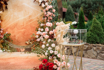Stylish big ivitation area for wedding decorated with many flowers