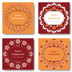 Set of abstract floral mandala on orange and red background. Square banners