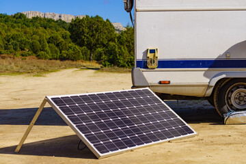 Solar photovoltaic panel at camper caravan - obrazy, fototapety, plakaty