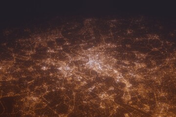Aerial shot of Dusseldorf (Germany) at night, view from south. Imitation of satellite view on modern city with street lights and glow effect. 3d render