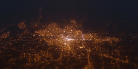 Street lights map of Eugene (Oregon, USA) with tilt-shift effect, view from south. Imitation of macro shot with blurred background. 3d render, selective focus