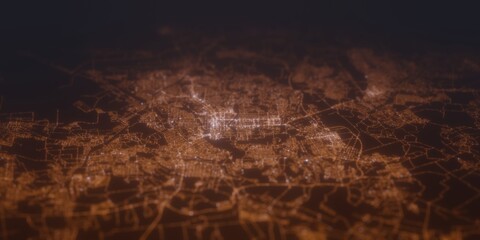 Street lights map of Donetsk (Ukraine) with tilt-shift effect, view from south. Imitation of macro shot with blurred background. 3d render, selective focus