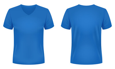 Blank blue V-neck t-shirt template. Front and back views. Vector illustration.