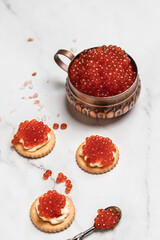 Delicious red caviar appetizer cracker, butter and red caviar. vertical image. top view. place for text