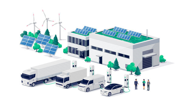 Company electric cars fleet charging on fast charger station at logistic centre. Cargo transport delivery utility vehicles semi truck, van, business recharging renewable solar wind electricity energy.