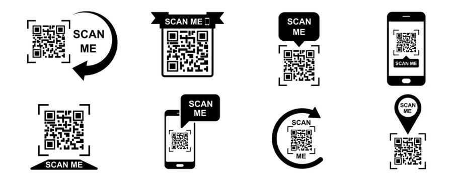 Scan QR code on smartphone vector icon set. Scan me black icons. Reader barcode.