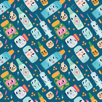 Cartoon pills seamless pattern. Cute print with smiling medicines. Comic pharmacology characters. Healthcare wallpapers. Medical bandages and syringe. Drug blisters. Vector background