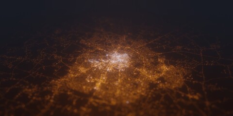 Street lights map of Lexington (Kentucky, USA) with tilt-shift effect, view from south. Imitation of macro shot with blurred background. 3d render, selective focus