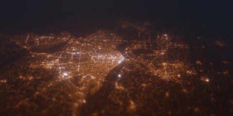 Street lights map of St Louis (Missouri, USA) with tilt-shift effect, view from south. Imitation of macro shot with blurred background. 3d render, selective focus