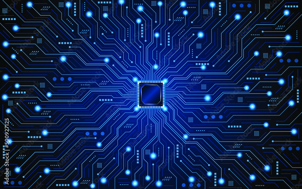 Poster Microchip processor circuit board technology on dark blue background. Information Processing Concept. Circuit board hi-tech technology background. vector illustration
