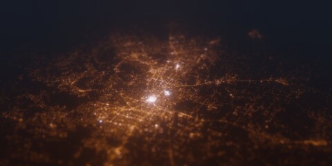 Street lights map of Austin (Texas, USA) with tilt-shift effect, view from south. Imitation of macro shot with blurred background. 3d render, selective focus