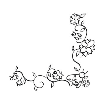 abstract floral frame line art with bees