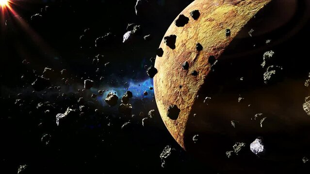 Space art. Asteroids fly around the planet. Loop 55-seconds