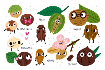 Cute nuts characters. Funny dry food with faces, hands and feet. Hazelnuts and pecans. Almond flowers. Coconut and walnuts with leaves. Comic meal products. Vector superfood mascots set