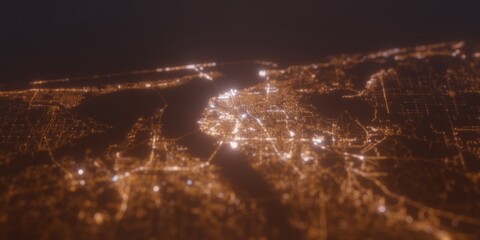 Street lights map of Pensacola (Florida, USA) with tilt-shift effect, view from north. Imitation of macro shot with blurred background. 3d render, selective focus