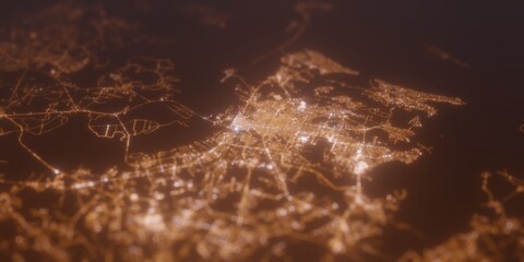 Street lights map of Savannah (Georgia, USA) with tilt-shift effect, view from west. Imitation of macro shot with blurred background. 3d render, selective focus