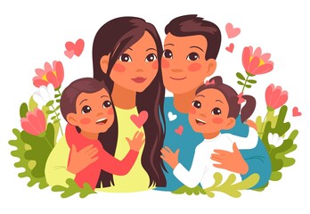 Family hugs. Happy parents and children characters portrait. Cartoon embracing people and flowers. Dad and mom together with son and daughter. Relatives relationship. Vector concept