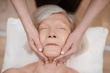 Fototapeta na wymiar A senior woman having an anti-age massage in a beauty salon