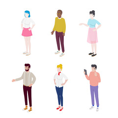 Set of different isometric people on white. Vector illustration flat design isolated. Male and female characters. Office and casual clothes.