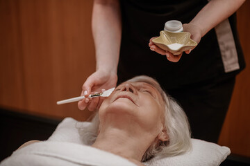 Obraz na płótnie Canvas Cosmetologist applying facial revitalizing mask on a womans face