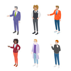 Fototapeta na wymiar Set of different isometric people on white. Vector illustration flat design isolated. Male and female characters. Office and casual clothes.