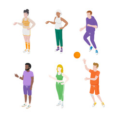 Fototapeta na wymiar Set of different isometric people on white. Vector illustration flat design isolated. Male and female characters. Office and casual clothes. Sport, gym, active wear, training. 