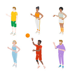 Set of different isometric people on white. Vector illustration flat design isolated. Male and female characters. Office and casual clothes. Sport, gym, active wear, training.
