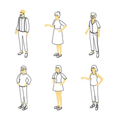 Set of different isometric people on white. Vector illustration flat design isolated. Male and female characters. Office and casual clothes. Outline, linear style, line art.