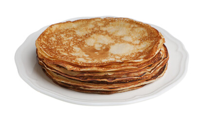 Stack of delicious crepes on plate against white background