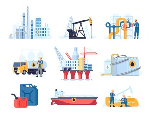 Oil petroleum industry. Flat style refinery factory. Platforms and tankers. Rigs and pumps. Gasoline transportation and storage. Fuel mining. Pipeline and canister. Vector industrial set