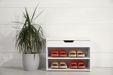 Stylish storage cabinet with different pairs of rubber slippers and beautiful houseplant near white wall in hall