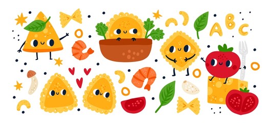 Fototapeta premium Pasta characters. Cartoon funny gourmet products. Italian cuisine. Traditional food and ingredients. Farfalle and penne. Ravioli with happy faces. Cheese and tomato. Vector culinary set