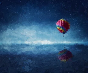  Beautiful painting of a hot air balloon flying above the blue sea with the starry night sky reflecting on the water surface. Wonderful art, seascape background © psychoshadow