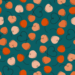 Summer seamless pattern of cute red doodle cherries on green backgraund for printing