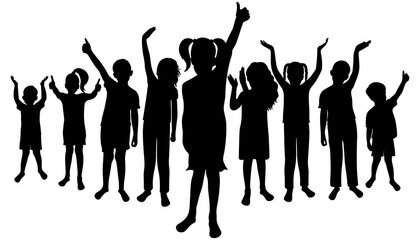 Cheerful crowd of children. Silhouettes of saluting, applauding, happy boys and girls. Vector illustration