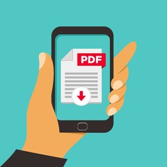 PDF file on smartphone screen. Hand holds smartphone, finger touches screen. Read, download, view PDF on phone, mobile device. Modern graphic for web banners, website. Flat design vector illustration.