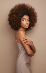 Beauty portrait of African American girl with afro hair. Beautiful black woman. Cosmetics, makeup and fashion - obrazy, fototapety, plakaty