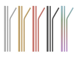 Realistic metal drinking straws. Different colors steel zero waste pipes for beverage. Straight and curved cocktail sticks. Alternative eco product. Vector reusable bar accessories set