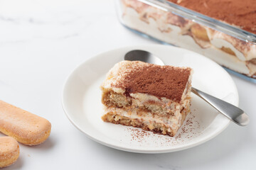 Piece of Homemade Tiramisu cake dessert