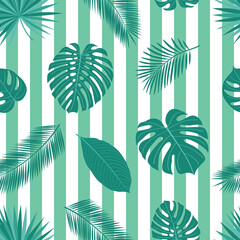 Fototapeta na wymiar Summer seamless pattern with green tropical leaves and stripes for textile, wallpapers, gift wrap and scrapbook. Vector illustration.