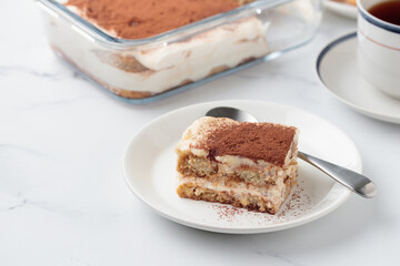 Piece of Homemade Tiramisu cake dessert