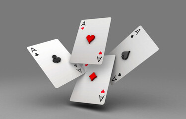 Falling poker playing cards of aces isolated on white background. 3d illustration with ground shadow