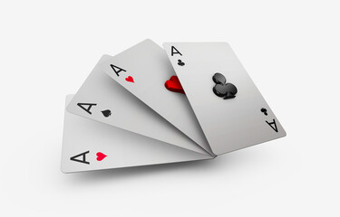 Obraz premium Falling poker playing cards of aces isolated on white background. 3d illustration with ground shadow