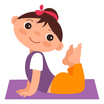 Smiling cartoon girl in yoga pose. Kid body stretching