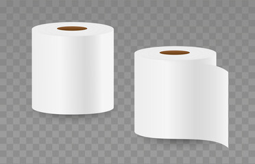 Toilet paper rolls isolated on transparent background. Vector realistic Mockup. Two white rolls without pattern. Blank template. EPS10.
