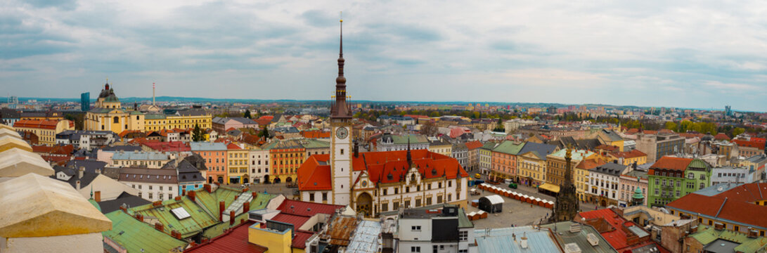 20.04. 2022. Aerial panoramic view of the upper square and the town hall of the czech city Olomouc.