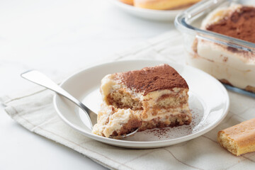 Piece of Homemade Tiramisu cake dessert