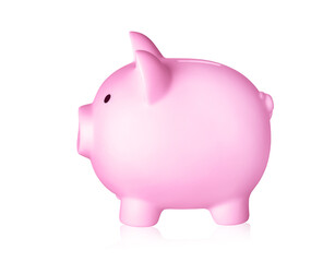 Pink piggy bank isolated on white background. Money saving concept